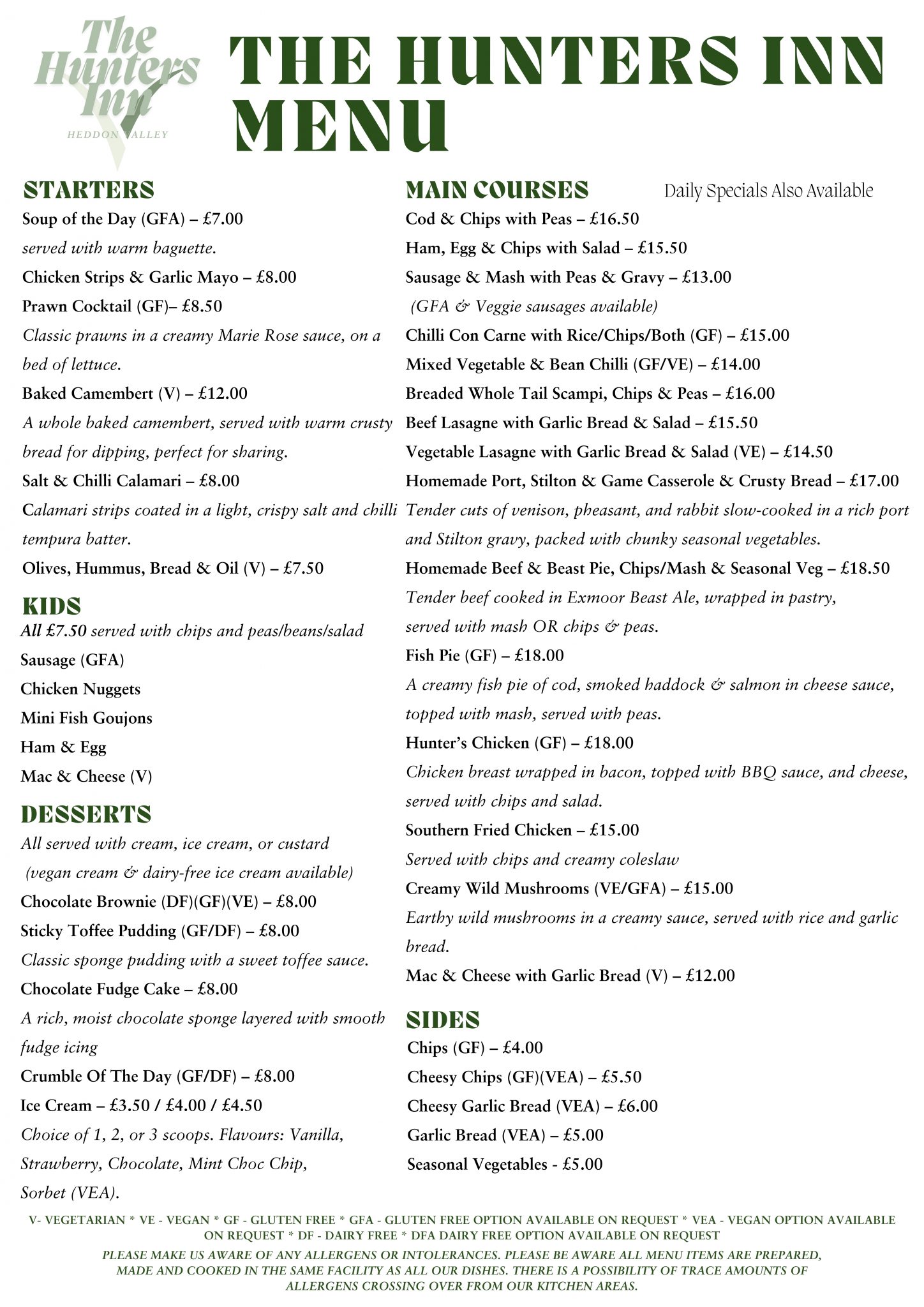 Menu - Hunters Inn